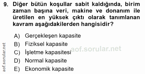 9. soru: Diğer bütün koşullar sabit kaldığında, birim zaman başına veri, makine ve donanım ile üretilen en yüksek çıktı olarak…