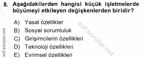 8. soru: Aşağıdakilerden hangisi küçük işletmelerde büyümeyi etkileyen değişkenlerden biridir? A) Yasal özellikler B) Sosyal s…