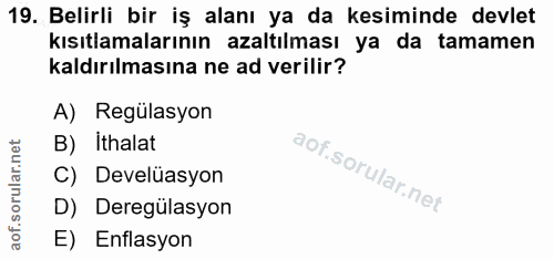 19. soru: Belirli bir iş alanı ya da kesiminde devlet kısıtlamalarının azaltılması ya da tamamen kaldırılmasına ne ad verilir?…