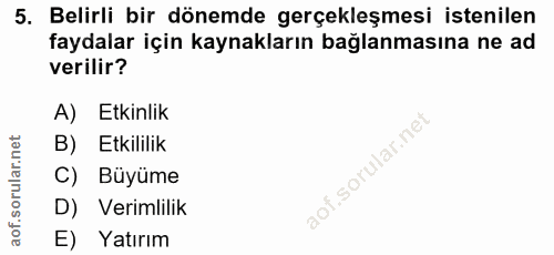5. soru: Belirli bir dönemde gerçekleşmesi istenilen faydalar için kaynakların bağlanmasına ne ad verilir? A) Etkinlik B) Etki…