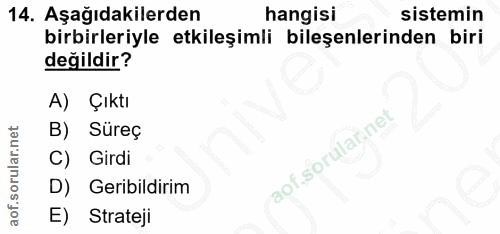 14. soru: Aşağıdakilerden hangisi sistemin birbirleriyle etkileşimli bileşenlerinden biri değildir? A) Çıktı B) Sureç aof sorul…