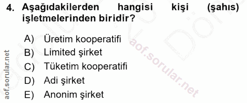 4. soru: Aşağıdakilerden hangisi kişi (şahıs) işletmelerinden biridir? A) Üretim kooperatifi Limited şirket C) Tüketim koopera…