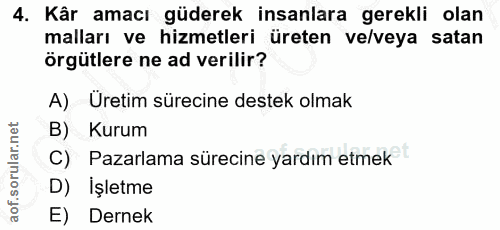 4. soru: Kâr amacı güderek insanlara gerekli olan malları ve hizmetleri üreten ve/veya satan örgütlere ne ad verilir? A) Üreti…