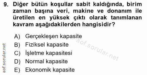 9. soru: Diğer bütün koşullar sabit kaldığında, birim zaman başına veri, makine ve donanım ile üretilen en yüksek çıktı olarak…