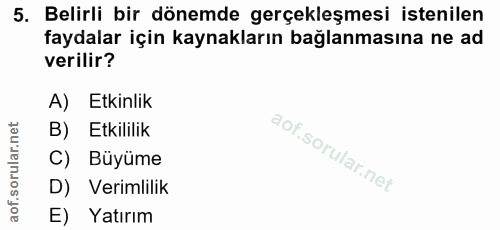 5. soru: Belirli bir dönemde gerçekleşmesi istenilen faydalar için kaynakların bağlanmasına ne ad verilir? A) Etkinlik B) Etki…