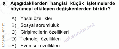 8. soru: Aşağıdakilerden hangisi küçük işletmelerde büyümeyi etkileyen değişkenlerden biridir? A) Yasal özellikler B) Sosyal s…