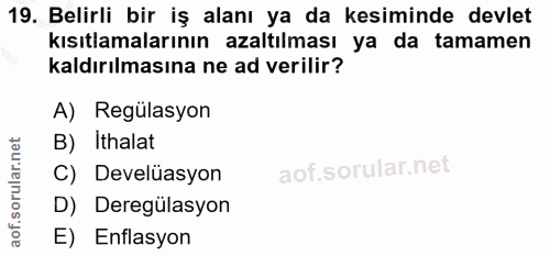 19. soru: Belirli bir iş alanı ya da kesiminde devlet kısıtlamalarının azaltılması ya da tamamen kaldırılmasına ne ad verilir?…