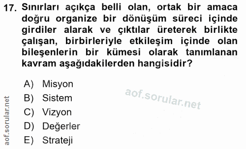 17. soru: Sınırları açıkça belli olan, ortak bir amaca doğru organize bir dönüşüm süreci içinde girdiler alarak ve çıktılar üre…