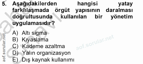 5. soru: Aşağıdakilerden hangisi yatay farklılaşmada örgüt yapısının daralması doğrultusunda kullanılan bir yönetim uygulaması…