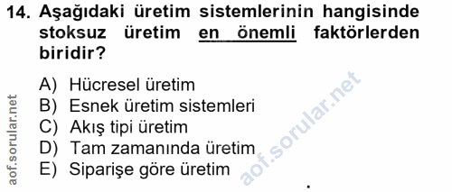 14. soru: Aşağıdaki üretim sistemlerinin hangisinde stoksuz üretim en önemli faktörlerden biridir? A) Hücresel üretim B) Esnek…