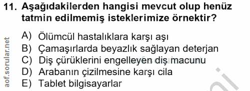 11. soru: Aşağıdakilerden hangisi mevcut olup henüz tatmin edilmemiş isteklerimize örnektir? A) Ölümcül hastalıklara karşı aşı…
