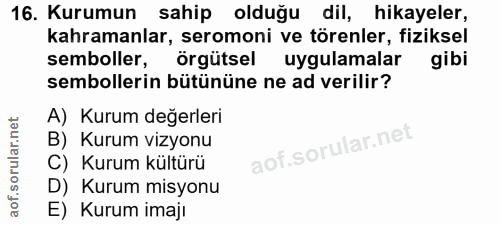 16. soru: Kurumun sahip olduğu dil, hikayeler, kahramanlar, seromoni ve törenler, fiziksel semboller, örgütsel uygulamalar gibi…