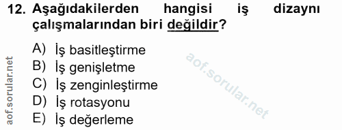 12. soru: Aşağıdakilerden hangisi iş dizaynı çalışmalarından biri değildir? A) İş basitleştirme B) Iş genişletme C) İş zenginle…