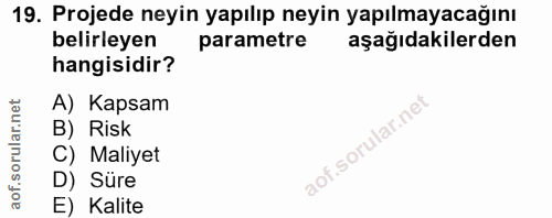 19. soru: Projede neyin yapılıp neyin yapılmayacağını belirleyen parametre aşağıdakilerden hangisidir? A) Kapsam B) Risk C) Mal…