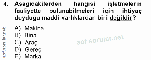 4. soru: Aşağıdakilerden hangisi işletmelerin faaliyette bulunabilmeleri için ihtiyaç duyduğu maddi varlıklardan biri değildir…