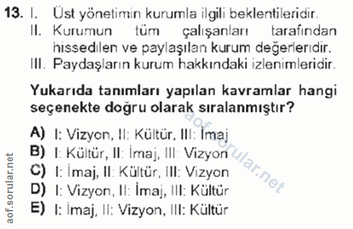 13. soru: I. Üst yönetimin kurumla ilgili beklentileridir. II. Kurumun tüm çalışanları tarafindan hissedilen ve paylaşılan kuru…