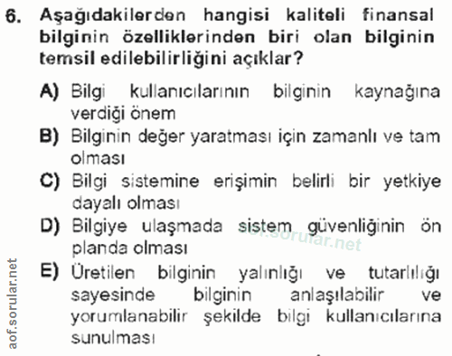 6. soru: Aşağıdakilerden hangisi kaliteli finansal bilginin özelliklerinden biri olan bilginin temsil edilebilirliğini açıklar…