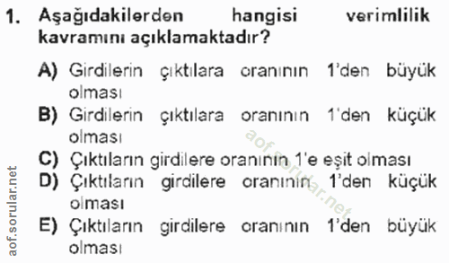 1. soru: Aşağıdakilerden hangisi verimlilik kavramını açıklamaktadır? A) Girdılerin çıktılara oranının 'den büyük olması B) Gi…