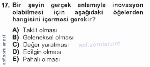 17. soru: Bir şeyin gerçek anlamıyla inovasyon olabilmesi için aşağıdaki öğelerden hangisini içermesi gerekir? A) Taklit olması…