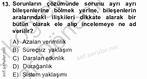 13. soru: Sorunların çözümünde sorunu ayrı ayrı bileşenlerine bölmek yerine, bileşenlerin aralarındaki ilişkileri dikkate alara…