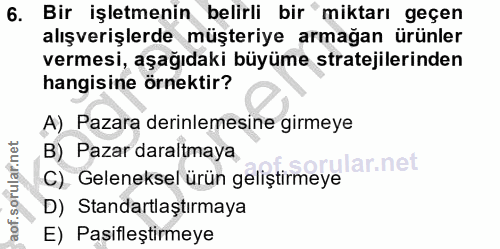 6. soru: Bir işletmenin belirli bir 'miktarı geçen alışverişlerde müşteriye armağan ürünler vermesi, aşağıdaki büyüme strateji…