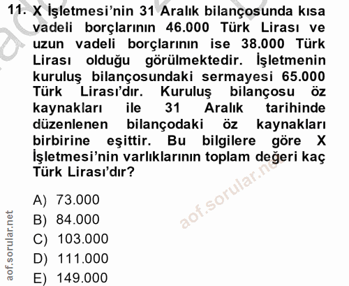 11. soru: X İşletmesi'nin 31 Aralık bilançosunda kısa vadeli borçlarının 46.000 Türk Lirası ve uzun vadeli borçlarının ise 38.0…