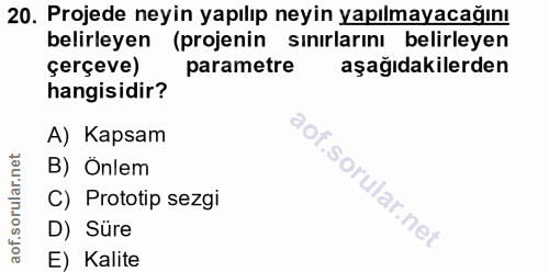 20. soru: Projede neyin yapılıp neyin yapılmayacağını belirleyen (projenin sınırlarını belirleyen çerçeve) parametre aşağıdakil…