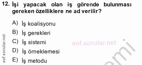 12. soru: İşi yapacak olan iş görende bulunması gereken özelliklere ne ad verilir? A) İş koalisyonu B) İş gerekleri C) İş siste…