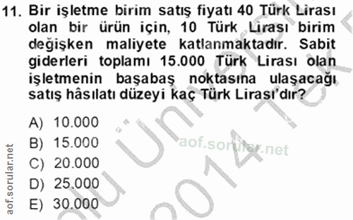 11. soru: Bir işletme birim satış fiyatı 40 Türk Lirası olan bir ürün için, 10 Türk Lirası birim değişken maliyete katlanmaktad…