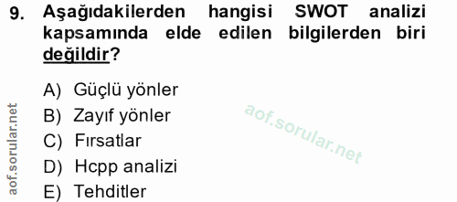 9. soru: Aşağıdakilerden hangisi SWOT analizi kapsamında elde edilen bilgilerden biri değildir? A) Güçlü yönler orular.net B)…