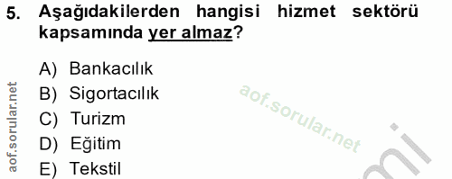5. soru: Aşağıdakilerden hangisi hizmet sektörü kapsamında yer almaz? A) Bankacılık B) Sigortacılık C) Turizm D) Eğitim E) Tek…