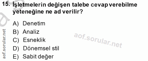15. soru: İşletmelerin değişen talebe cevap verebilme yeteneğine ne ad verilir? A) Denetim B) Analiz C) Esneklik D) Dönemsel st…