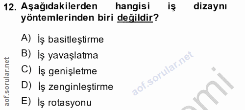 12. soru: Aşağıdakilerden hangisi dizaynı yöntemlerinden biri değildir? A) İş basitleştirme B) Iş yavaşlatma C) İş genişletme D…