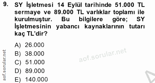 9. soru: SY İşletmesi 14 Eylül tarihinde 51.000 TL sermaye ve 89.000 TL varlıklar toplamı ile kurulmuştur. Bu bilgilere göre;…
