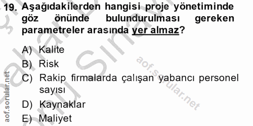 19. soru: Aşağıdakilerden hangisi proje yönetiminde göz önünde bulundurulması gereken parametreler arasında yer almaz? A) Kalit…