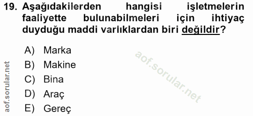 19. soru: Aşağıdakilerden hangisi işletmelerin faaliyette bulunabilmeleri için ihtiyaç duyduğu maddi varlıklardan biri değildir…