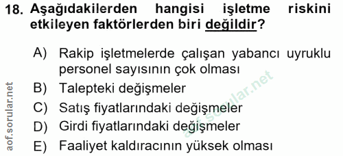 18. soru: Aşağıdakilerden hangisi işletme riskini etkileyen faktörlerden biri değildir? A) Rakip işletmelerde çalışan yabancı u…