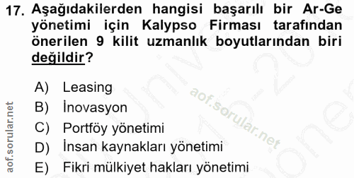 17. soru: Aşağıdakilerden hangisi başarılı bir Ar-Ge yönetimi için Kalypso Firması tarafından önerilen 9 kilit uzmanlık boyutla…