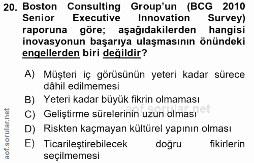 20. soru: Boston Consulting Group'un (BCG 2010 Senior Executive Innovation Survey) raporuna göre; aşağıdakilerden hangisi inova…