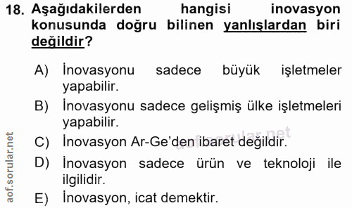 18. soru: Aşağıdakilerden hangisi inovasyon konusunda doğru bilinen yanlışlardan biri değildir? A) Inovasyonu sadece büyük işle…
