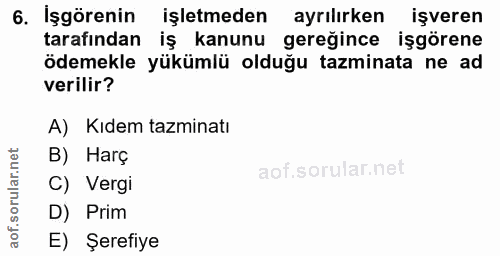 6. soru: İşgörenin işletmeden ayrılırken işveren tarafından iş kanunu gereğince işgörene ödemekle yükümlü olduğu tazminata ne…