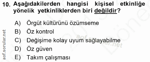 10. soru: Aşağıdakilerden hangisi kişisel etkinliğe yönelik yetkinliklerden biri değildir? A) Örgüt kültürünü özümseme B) Öz ko…