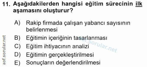 11. soru: Aşağıdakilerden hangisi eğitim sürecinin ilk aşamasını oluşturur? A) Rakip firmada çalışan yabancı sayısının belirlen…