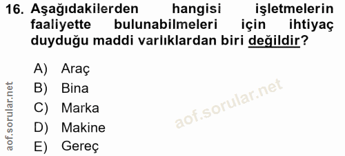 16. soru: Aşağıdakilerden hangisi işletmelerin faaliyette bulunabilmeleri için ihtiyaç duyduğu maddi varlıklardan biri değildir…