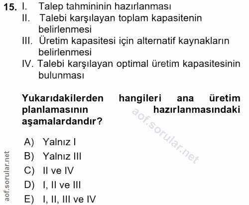 15. soru: I. Talep tahmininin hazırlanması Il. Talebi karşılayan toplam kapasitenin belirlenmesi III. Uretim kapasitesi için al…