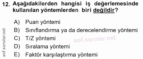 12. soru: Aşağıdakilerden hangisi iş değerlemesinde kullanılan yöntemlerden biri değildir? A) Puan yöntemi B) Sınıflandırma ya…