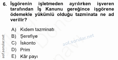 6. soru: İşgörenin işletmeden ayrılırken işveren tarafından İş Kanunu gereğince işgörene ödemekle yükümlü olduğu tazminata ne…