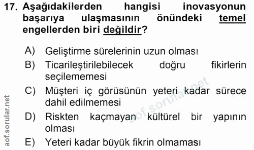 17. soru: Aşağıdakilerden hangisi inovasyonun başarıya ulaşmasının önündeki temel engellerden biri değildir? A) Geliştirme süre…