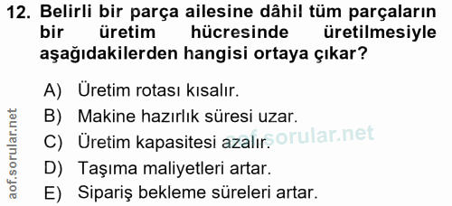 12. soru: Belirli bir parça ailesine dâhil tüm parçaların bir üretim hücresinde üretilmesiyle aşağıdakilerden hangisi ortaya çı…