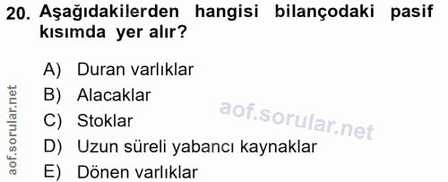 20. soru: Aşağıdakilerden hangisi bilançodaki pasif kısımda yer alır? A) Duran varlıklar B) Alacaklar C) Stoklar D) Uzun süreli…